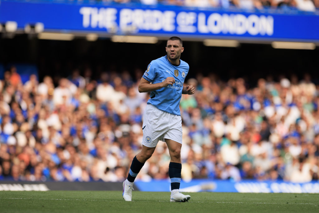 Mateo Kovacic of Manchester City during the Premier League match between Chelsea FC and Manchester City FC at Stamford Bridge on August 18, 2024 in...