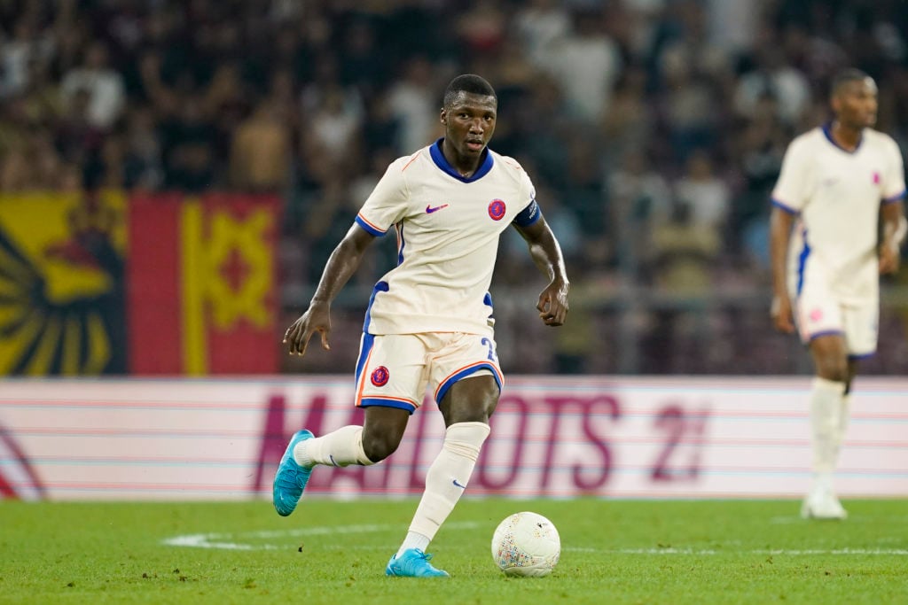 Moises Caicedo of Chelsea runs with the ball during the UEFA Europa Conference League Play-Offs Second Leg match between Servette FC and Chelsea FC...