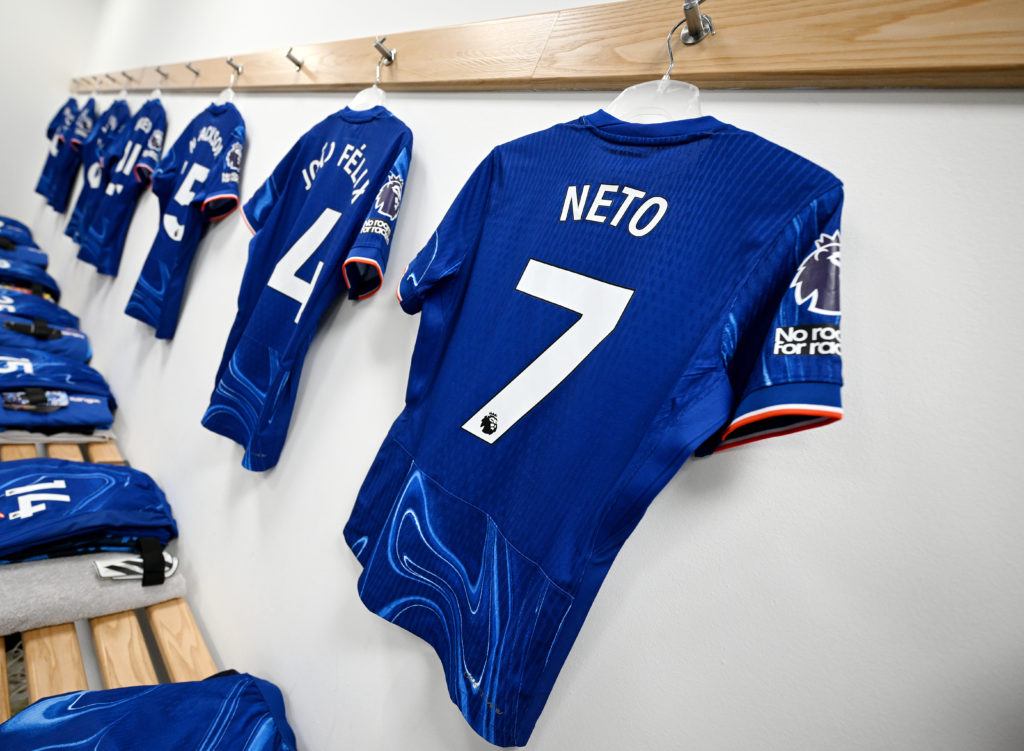 The kits of Pedro Neto and Joao Felix are displayed inside the Chelsea dressing room prior to the Premier League match between Wolverhampton Wander...