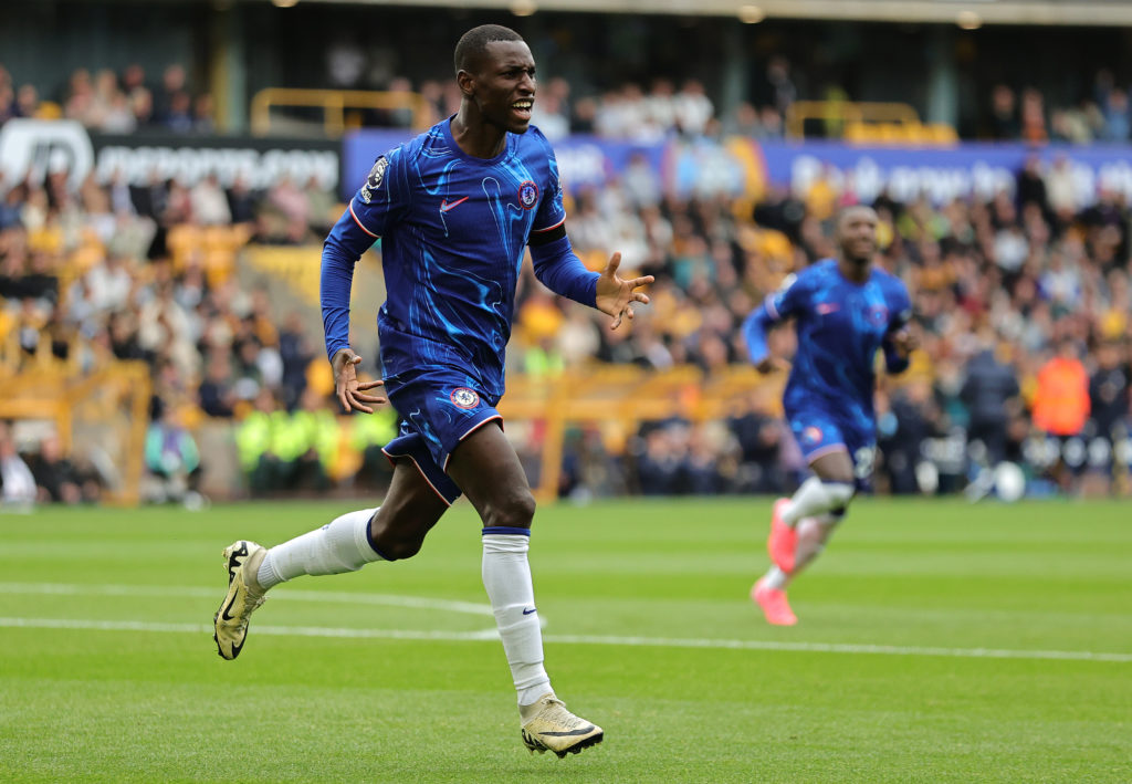 Nicolas Jackson of Chelsea celebrates after scoring their first goal during the Premier League match between Wolverhampton Wanderers FC and Chelsea...