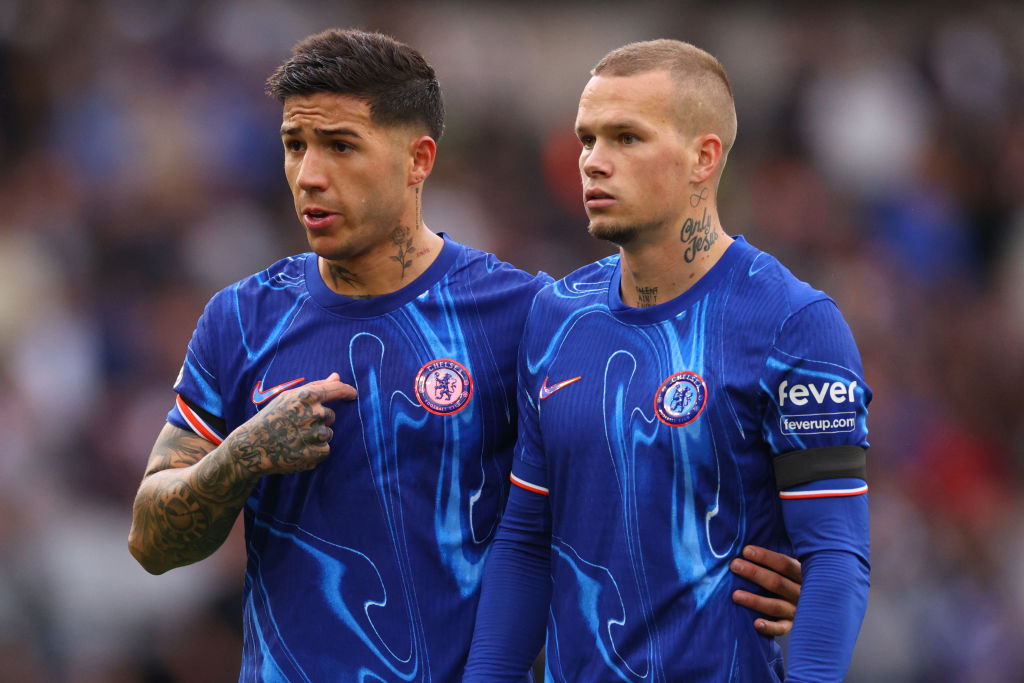 Enzo Fernandez and Mykhailo Mudryk of Chelsea during the Premier League match between Wolverhampton Wanderers FC and Chelsea FC at Molineux on Augu...