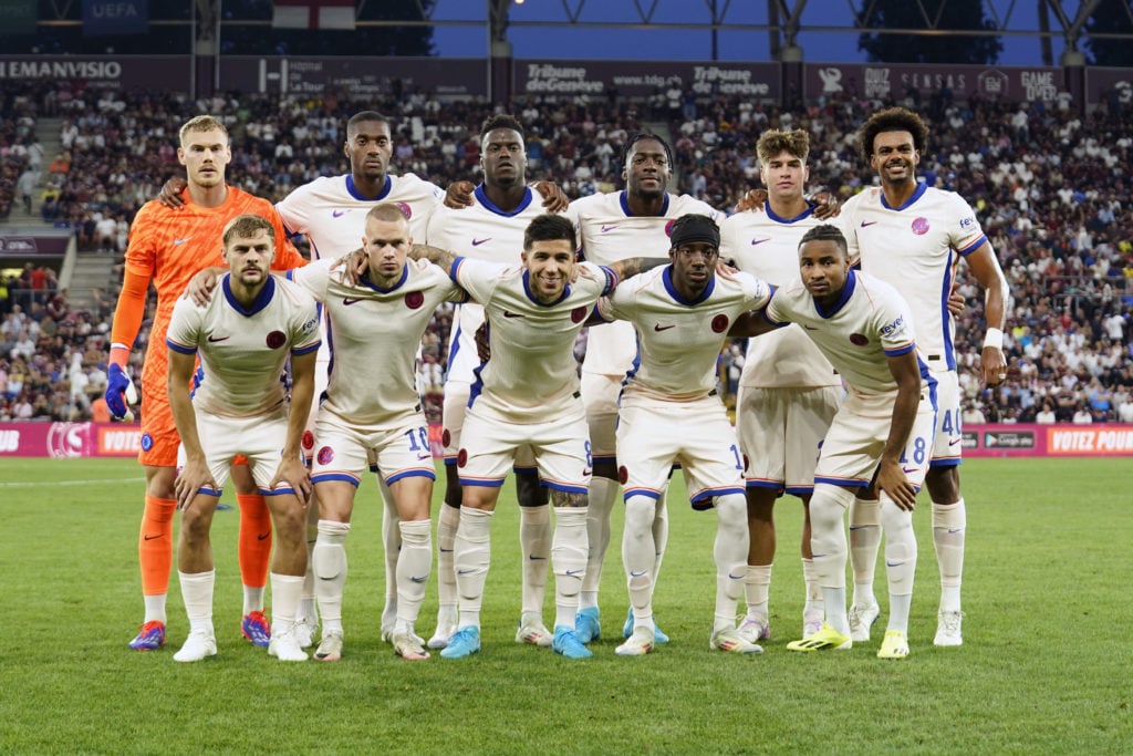 Benoit Badiashile with Chelsea team-mates before Servette game.