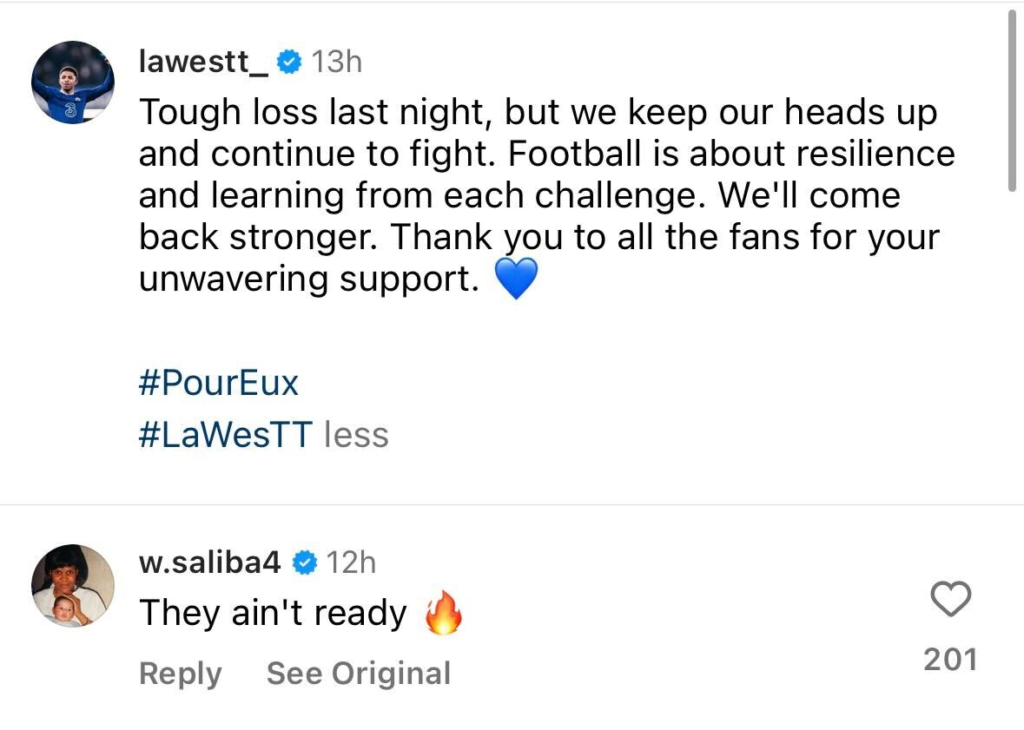 William Saliba responds to Wesley Fofana on Instagram
