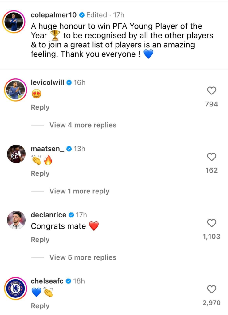 Cole Palmer's Instagram post after winning the PFA Young Player of the Year award, Declan Rice and Ian Maatsen respond.