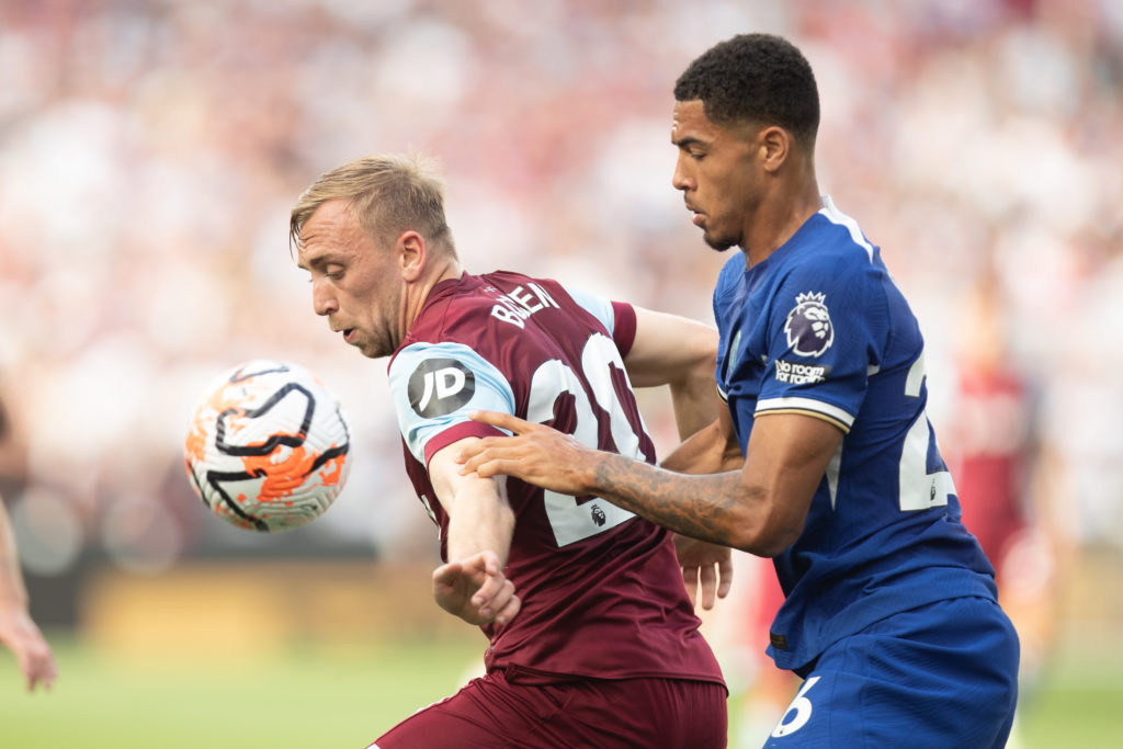 Jarrod Bowen of West Ham controls the ball during the Premier League match between West Ham United and Chelsea at the London Stadium, Stratford on ...