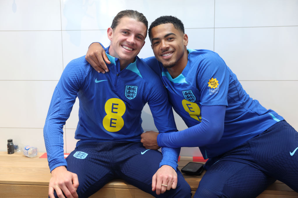 Conor Gallagher and Levi Colwill of England pose for a photo in the gym at Spurs Lodge on October 15, 2023 in London, England.