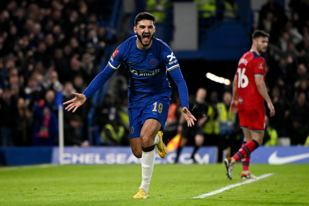 Armando Broja of Chelsea celebrates scoring his team's first goal during the Emirates FA Cup Third Round match between Chelsea and Preston North En...