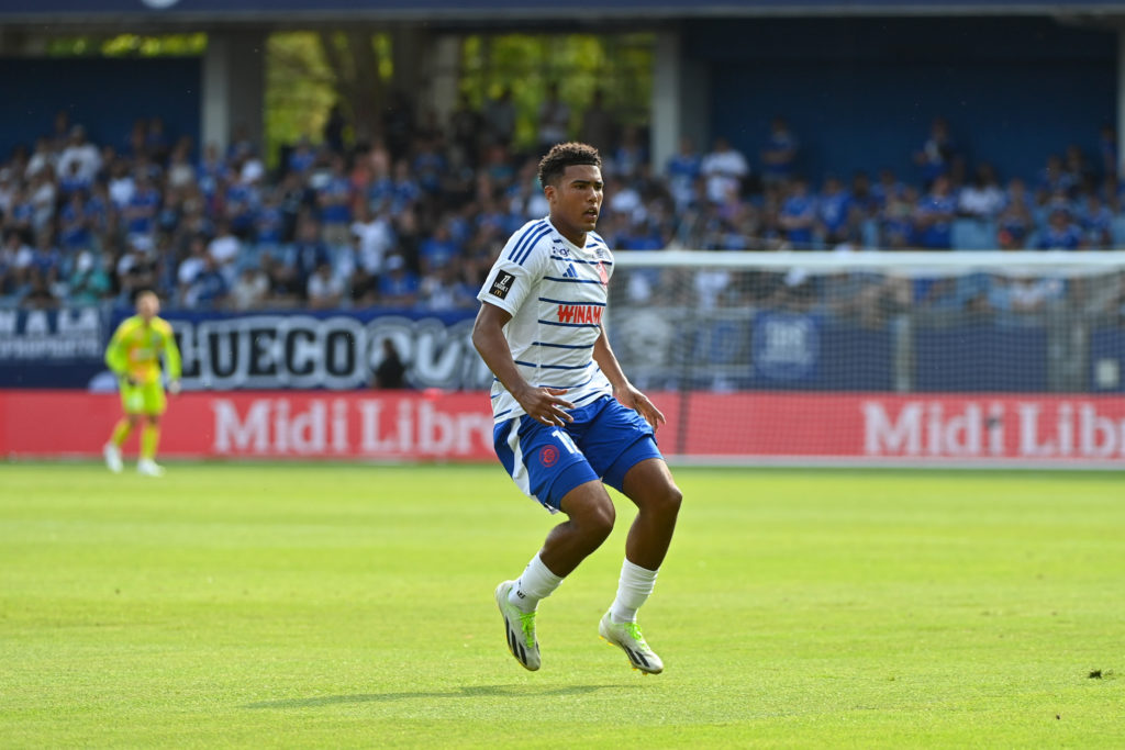 Caleb WILEY of RC Strasbourg during the Ligue 1 McDonald's match between Montpellier and Strasbourg at Stade de la Mosson on August 18, 2024 in Mon...