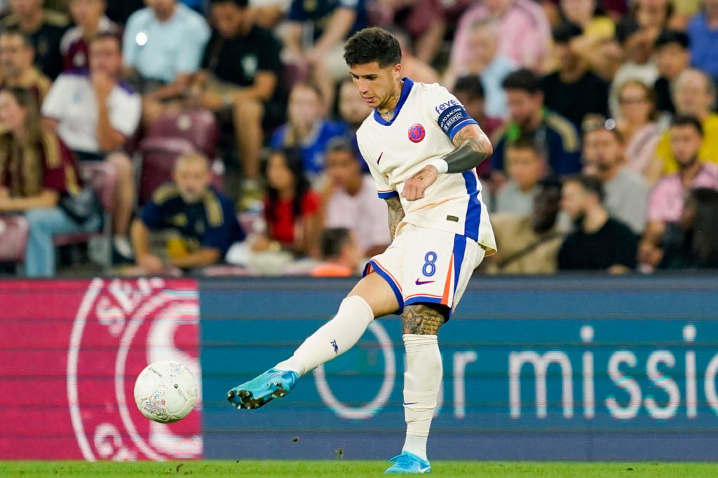 Enzo Fernández of Chelsea passes the ball during the UEFA Europa Conference League Play-Offs Second Leg match between Servette FC and Chelsea FC at...