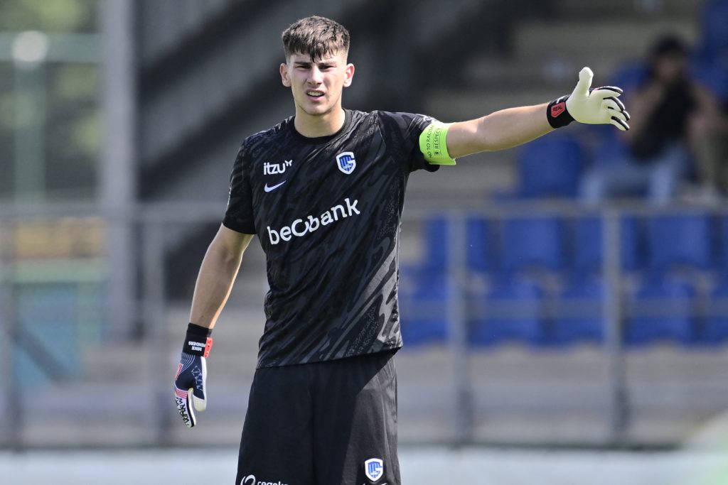 Genk's goalkeeper Mike Penders pictured during a soccer match between Jong Genk and Royal Francs Borains, in Geel, on day 3 of the 2024-2025 'Chall...