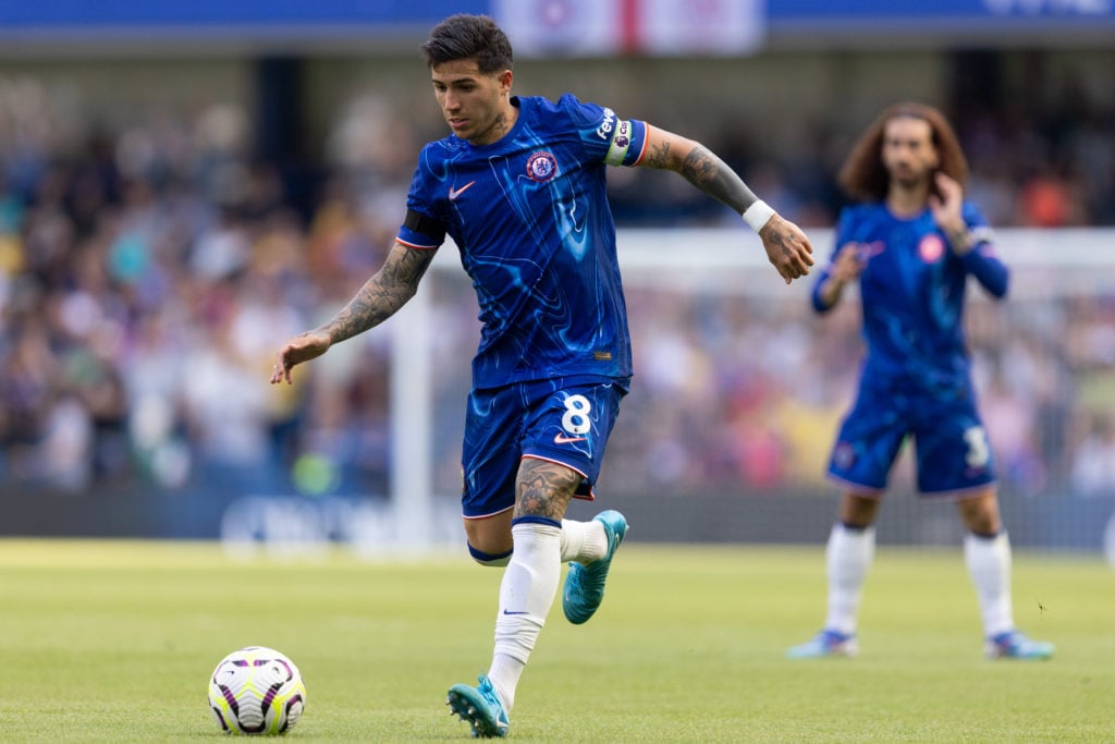 Enzo Fernández of Chelsea in action during the Premier League match between Chelsea FC and Crystal Palace FC at Stamford Bridge on September 1, 202...