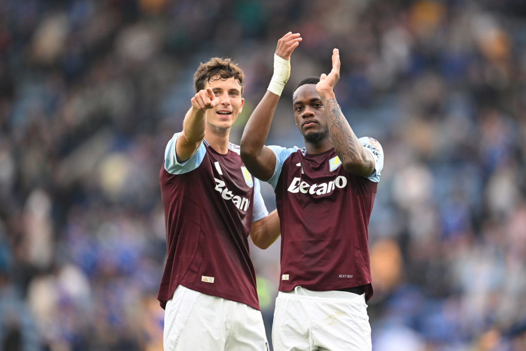 Pau Torres and Jhon Duran of Aston Villa celebrates following the team's victory in the Premier League match between Leicester City FC and Aston Vi...