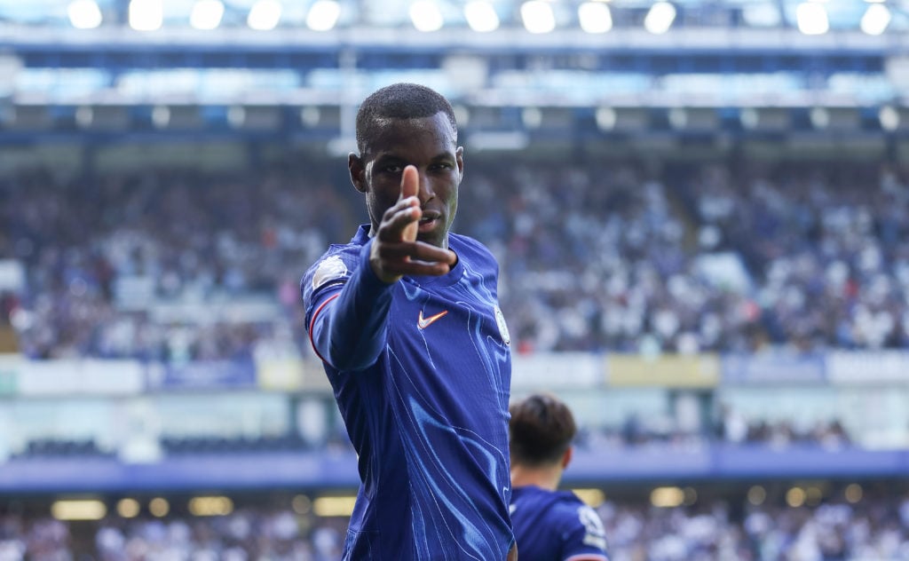 Nicolas Jackson of Chelsea celebrates scoring his team's first goal during the Premier League match between Chelsea FC and Crystal Palace FC at Sta...