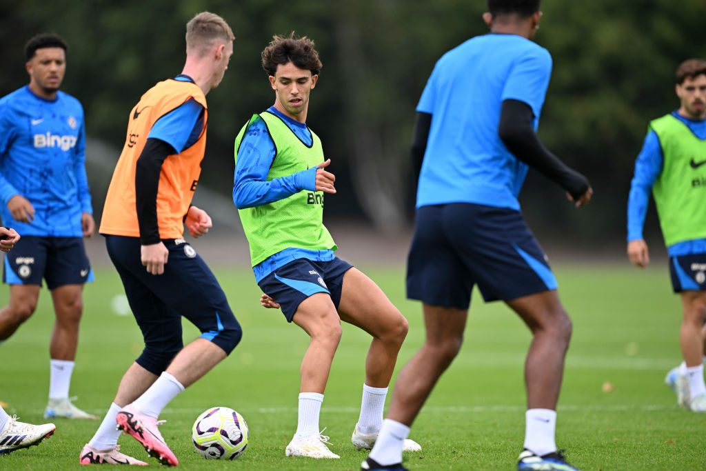 Joao Felix of Chelsea during a training session at Chelsea Training Ground on September 10, 2024 in Cobham, England.