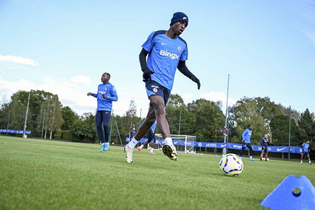 Nicolas Jackson of Chelsea during a training session at Chelsea Training Ground on September 13, 2024 in Cobham, England.
