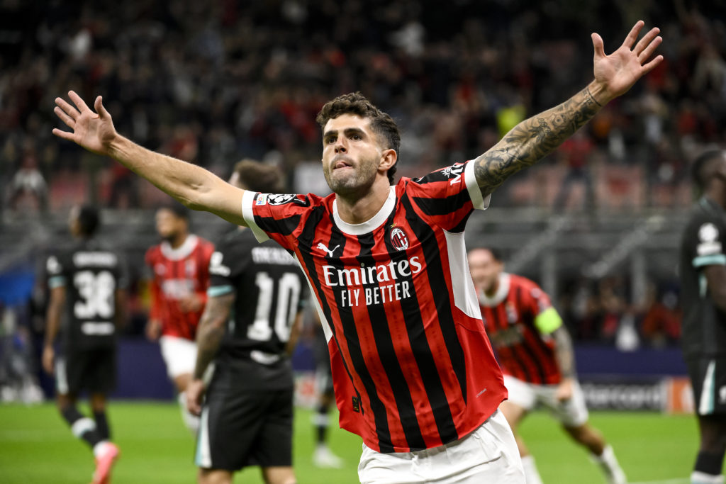 Christian Pulisic of AC Milan celebrates after scoring the goal of 1-0 during the UEFA Champions League 2024/2025 football match between AC Milan a...