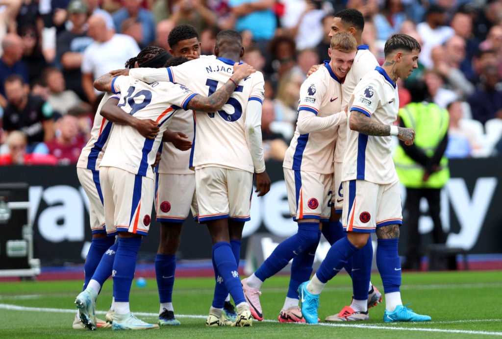 Chelsea celebrate scoring against West Ham.