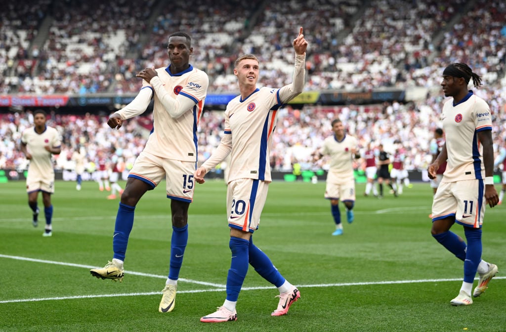 Cole Palmer and Nicolas Jackson celebrate a Chelsea goal against West Ham.