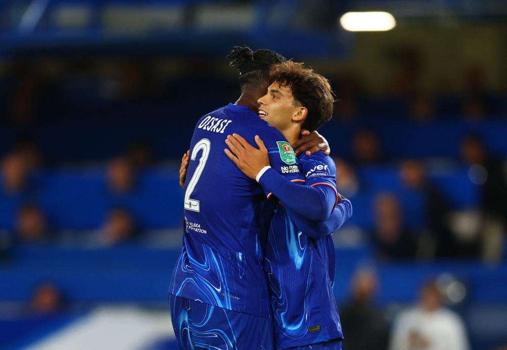 Joao Felix celebrates with Axel Disasi during Chelsea's win against Barrow.