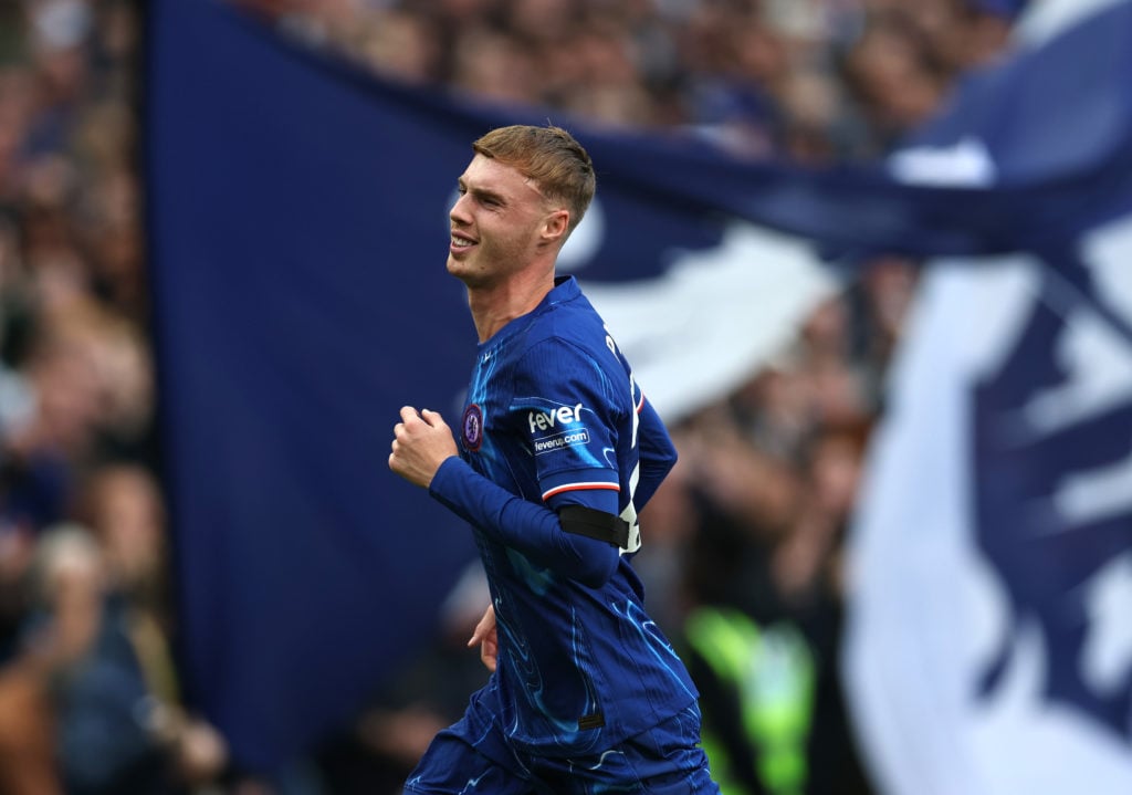 Cole Palmer celebrates scoring for Chelsea against Brighton.