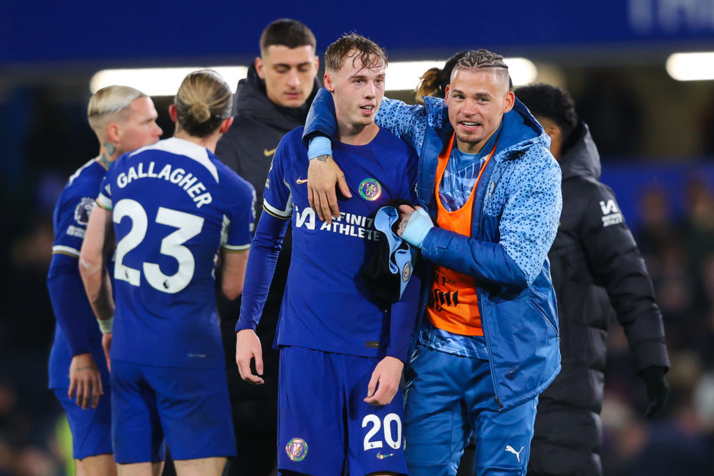 Cole Palmer of Chelsea speaks with Kalvin Phillips of Manchester City after the Premier League match between Chelsea FC and Manchester City at Stam...