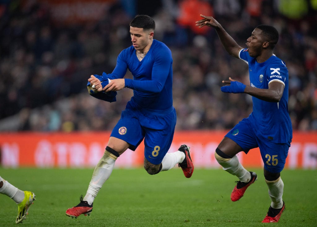 Enzo Fernandez of Chelsea celebrates scoring his team's third goal with team mate Moises Caicedo during the Emirates FA Cup Fourth Round Replay mat...