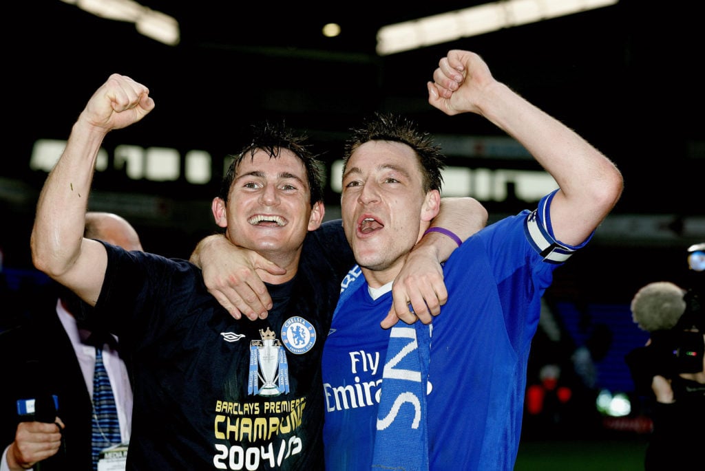 Frank Lampard of Chelsea and John Terry of Chelsea celebrate winning the 2004-05 Premier League after the Premier League match between Bolton Wande...