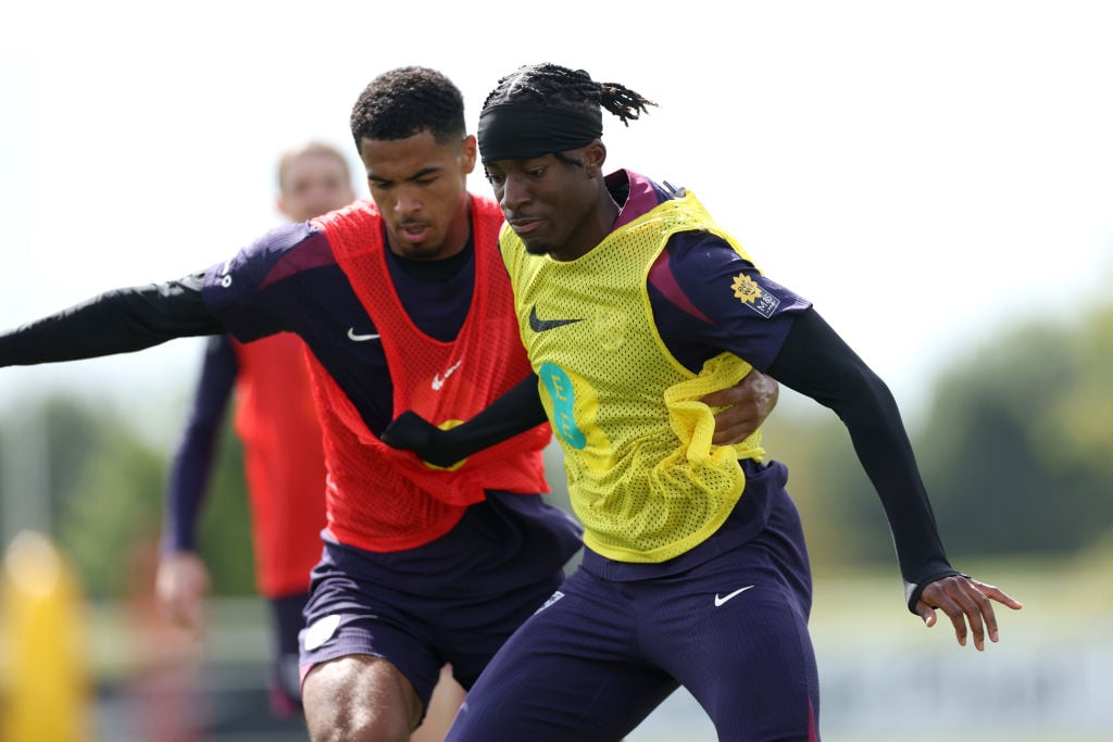 Levi Colwill and Noni Madueke in England training.