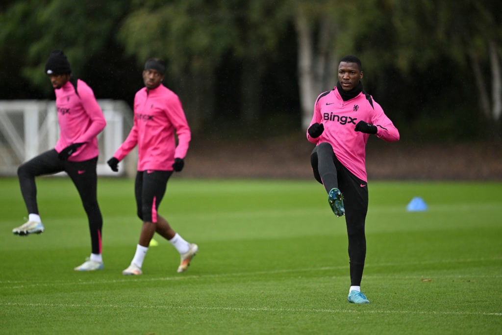 Moises Caicedo in Chelsea training at Cobham.