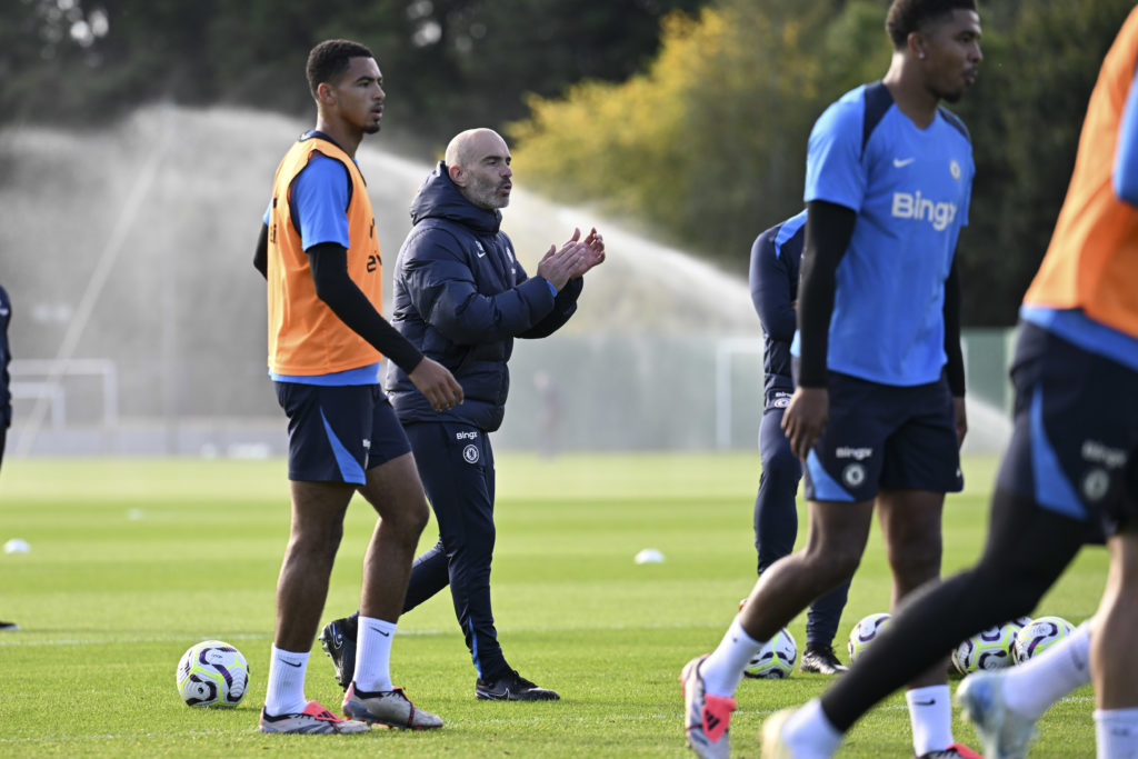 Head Coach Enzo Maresca of Chelsea during a training session at Chelsea Training Ground on October 4, 2024 in Cobham, England.
