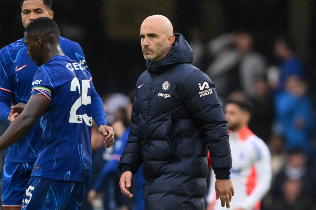 Enzo Maresca on the pitch at Stamford Bridge.