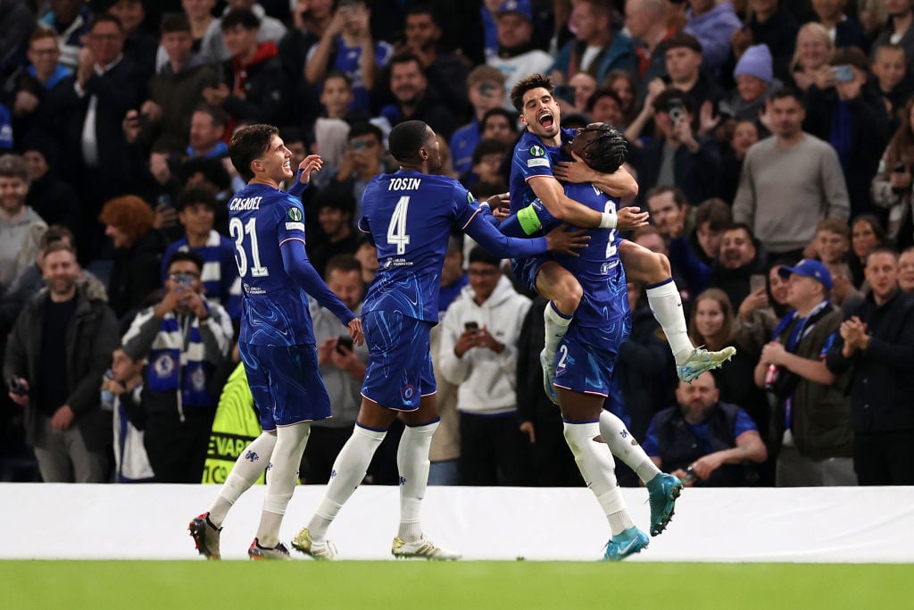 Pedro Neto celebrates scoring for Chelsea against Gent.