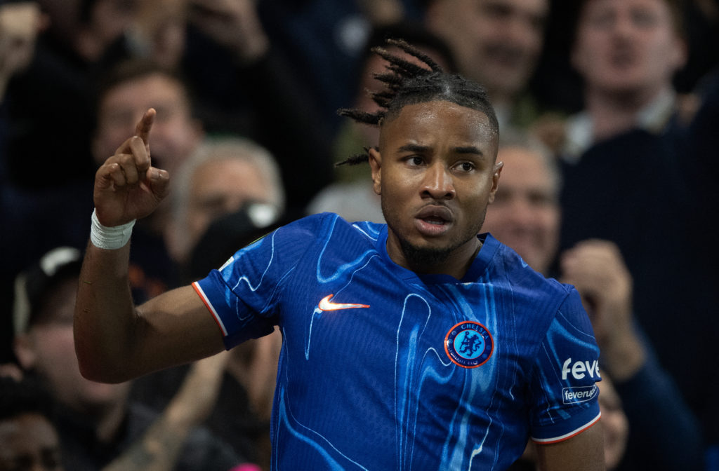 Christopher Nkunku of Chelsea celebrates his goal during the UEFA Conference League 2024/25 League Phase MD1 match between Chelsea FC and KAA Gent ...