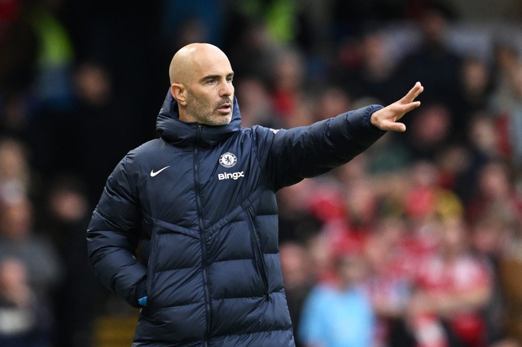 Enzo Maresca, Manager of Chelsea, gestures during the Premier League match between Chelsea FC and Nottingham Forest FC at Stamford Bridge on Octobe...