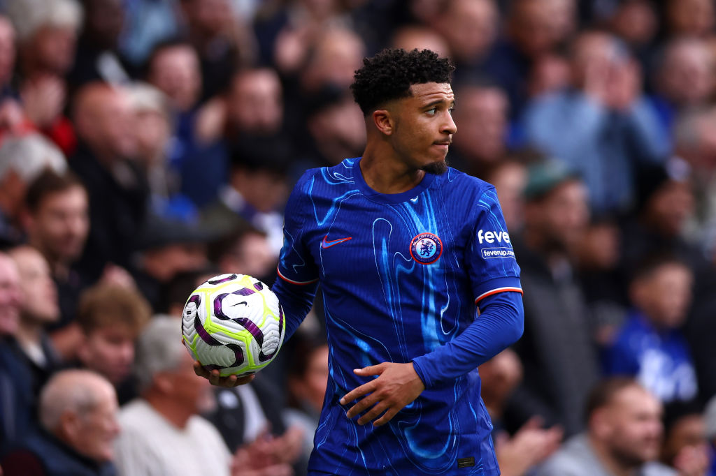 Jadon Sancho of Chelsea FC holds the ball during the Premier League match between Chelsea FC and Nottingham Forest FC at Stamford Bridge on October...