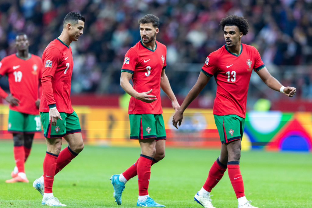 Cristiano Ronaldo, Ruben Dias, Renato Veiga are playing during the UEFA Nations League 2024 League A Group A1 match between Poland and Portugal ...