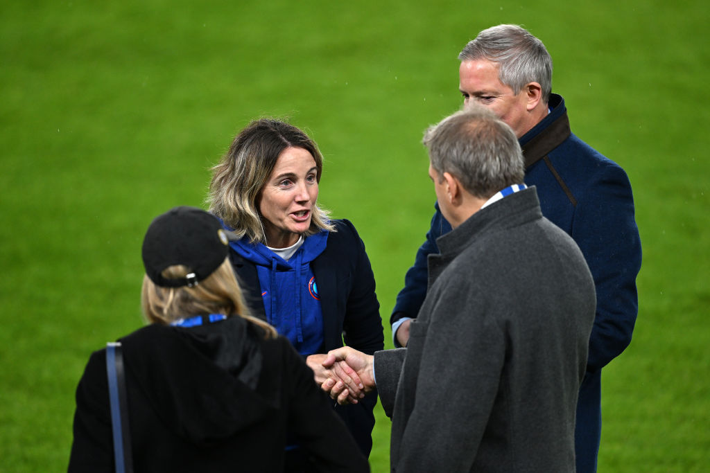 Sonia Bompastor, Manager of Chelsea, interacts with Todd Boehly, Owner of Chelsea, at full-time in the UEFA Women's Champions League match between ...