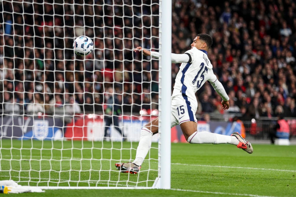 Levi Colwill makes a goal line clearance for England against Greece.