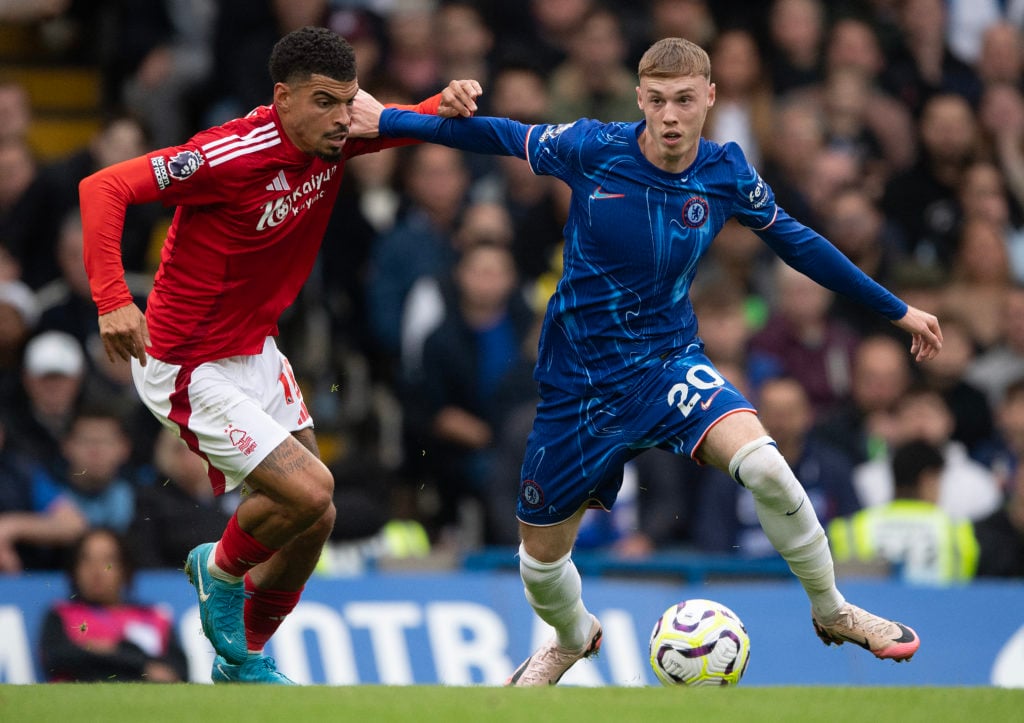 Morgan Gibbs-White of Nottingham Forest FC (left) and Cole Palmer of Chelsea during the Premier League match between Chelsea FC and Nottingham For...