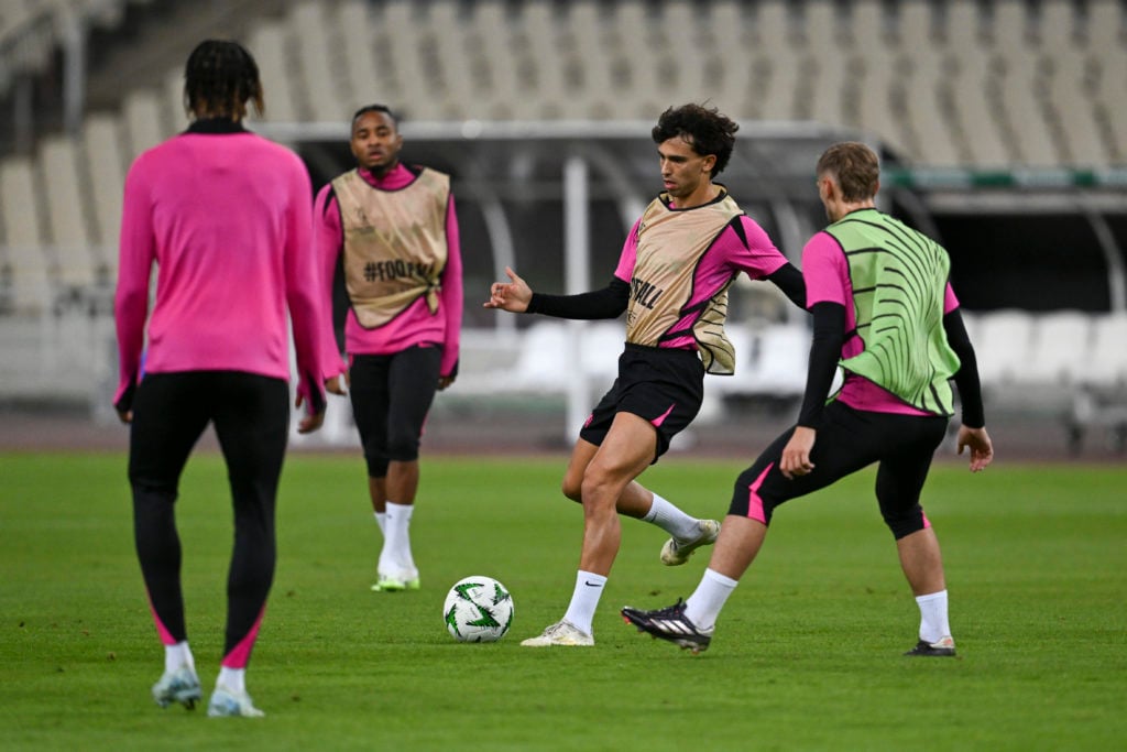 Joao Felix of Chelsea during a training session before the UEFA Conference League 2024/25 League Phase MD2 training and press conference at Olympic...