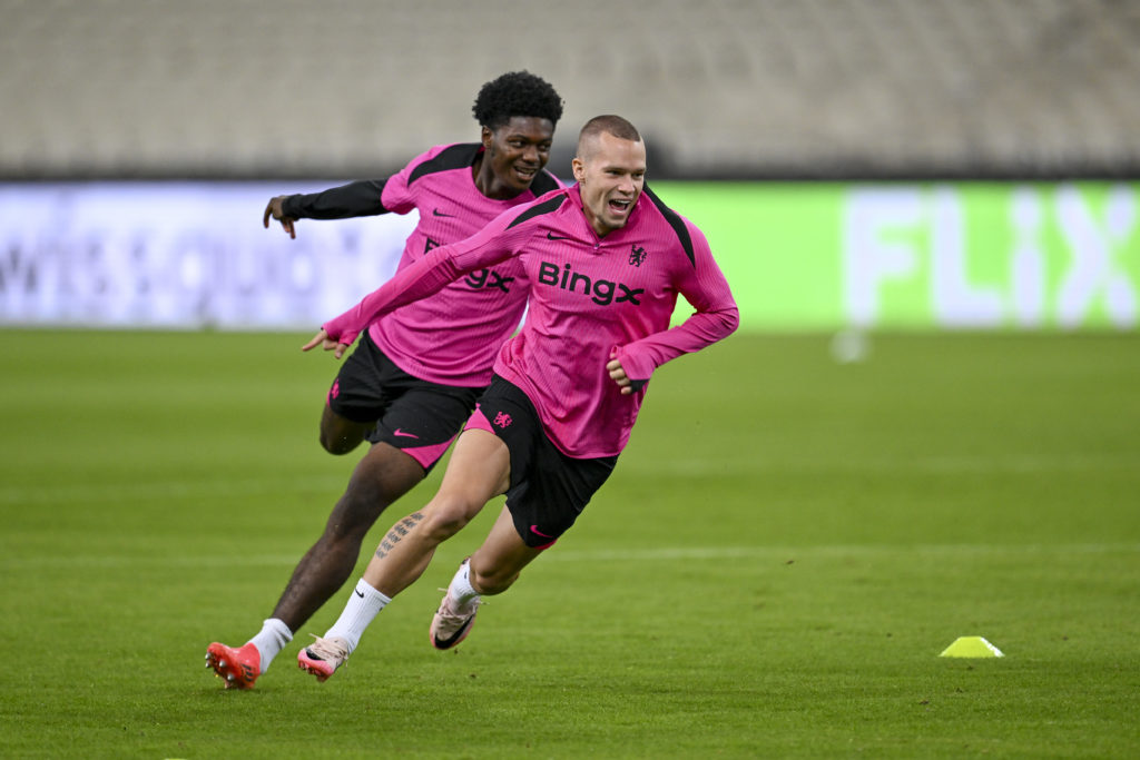 Sam Rak-Sakyi and Mykhailo Mudryk of Chelsea during a training session before the UEFA Conference League 2024/25 League Phase MD2 training and pres...
