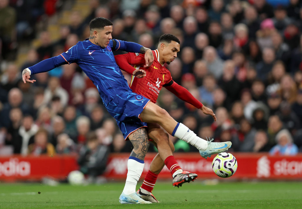 Enzo Fernandez of Chelsea is challenged by Trent Alexander-Arnold of Liverpool during the Premier League match between Liverpool FC and Chelsea FC ...