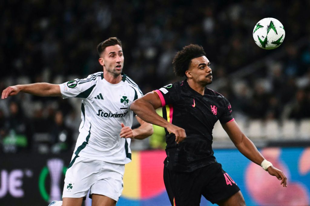 Chelsea's Portuguese midfielder #40 Renato Veiga (R) fights for the ball with Panathinaikos' Slovenian forward #09 Andraz Sporar during the UEFA Co...