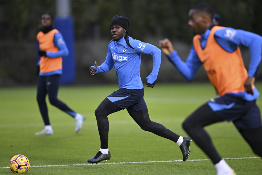 Romeo Lavia of Chelsea during a training session at Chelsea Training Ground on October 25, 2024 in Cobham, England.