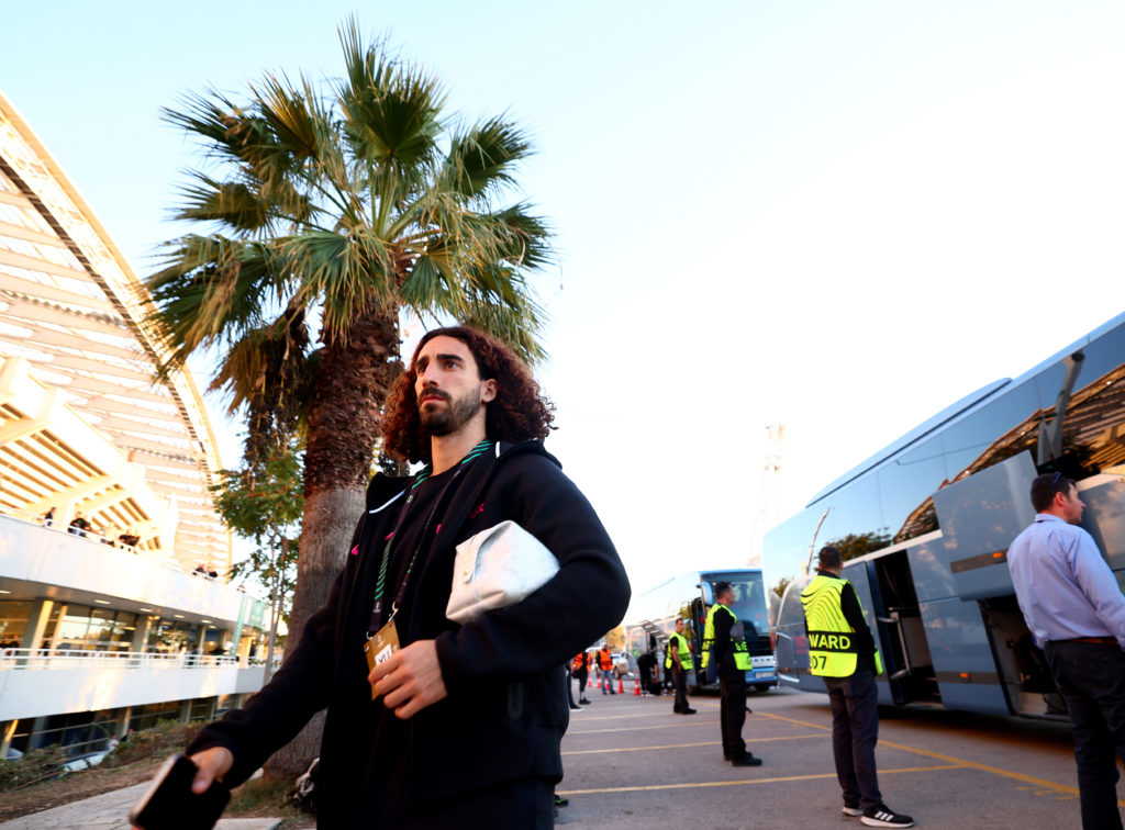 Marc Cucurella of Chelsea arrives at the stadium prior to the UEFA Conference League 2024/25 League Phase MD2 match between Panathinaikos FC and Ch...