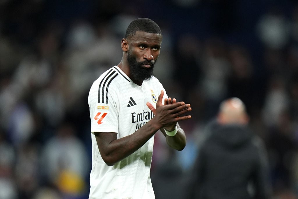 Antonio Ruediger of Real Madrid shows appreciation to the fans following a loss in the LaLiga match between Real Madrid CF and FC Barcelona at Esta...