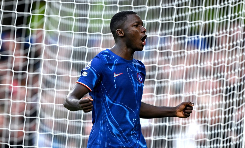 Moises Caicedo of Chelsea celebrates after tackling Alexander Isak of Newcastle United (not pictured) during the Premier League match between Chels...