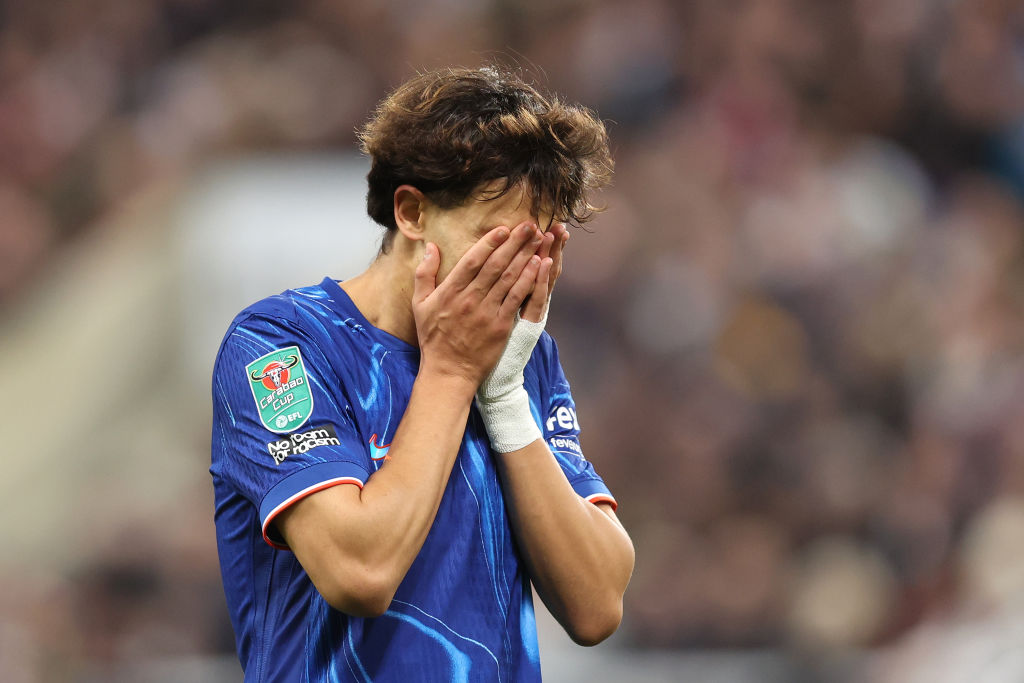 Joao Felix of Chelsea reacts during the Carabao Cup Fourth Round match between Newcastle United and Chelsea at St James' Park on October 30, 2024 i...