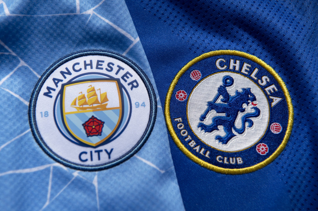 The Chelsea and Manchester City home shirts displaying the club badges ahead of the UEFA Champions League final on May 19, 2021 in Manchester, Unit...