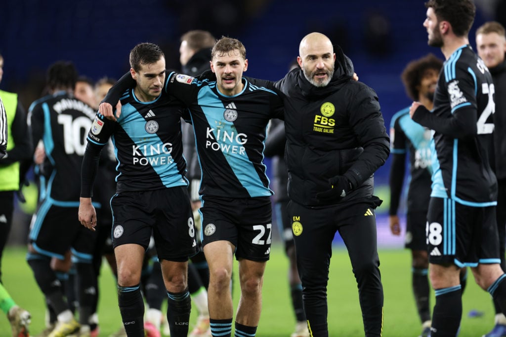 Leicester City Manager Enzo Maresca, Kiernan Dewsbury-Hall of Leicester City and Harry Winks of Leicester City celebrate after the Sky Bet Champion...